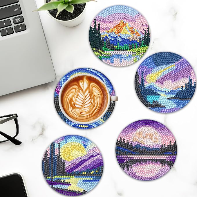 UPINS 8 Pcs Diamond Art Painting Coasters with Holder,Landscape DIY Diamond Art Paintings Coaster Kits Drink Coasters for Birthday Presents Beginners Craft Supplies Adults