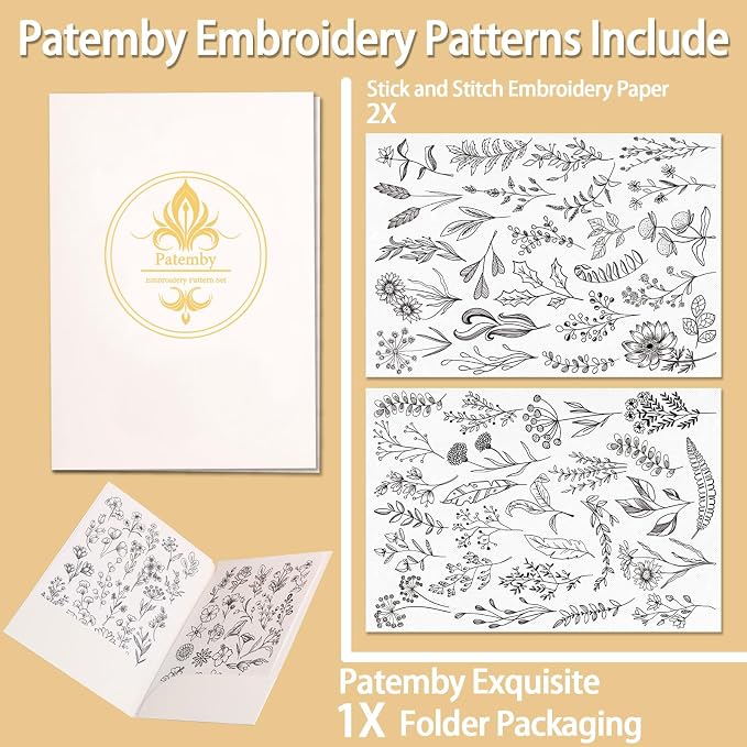 Patemby Embroidery Pattern Water Soluble Embroidery Stabilizers, Stick and Stitch Embroidery Paper Wash Away with Pre-Printed Pattern Designs Stencils Transfers for Hand Sewing Lover Beginner