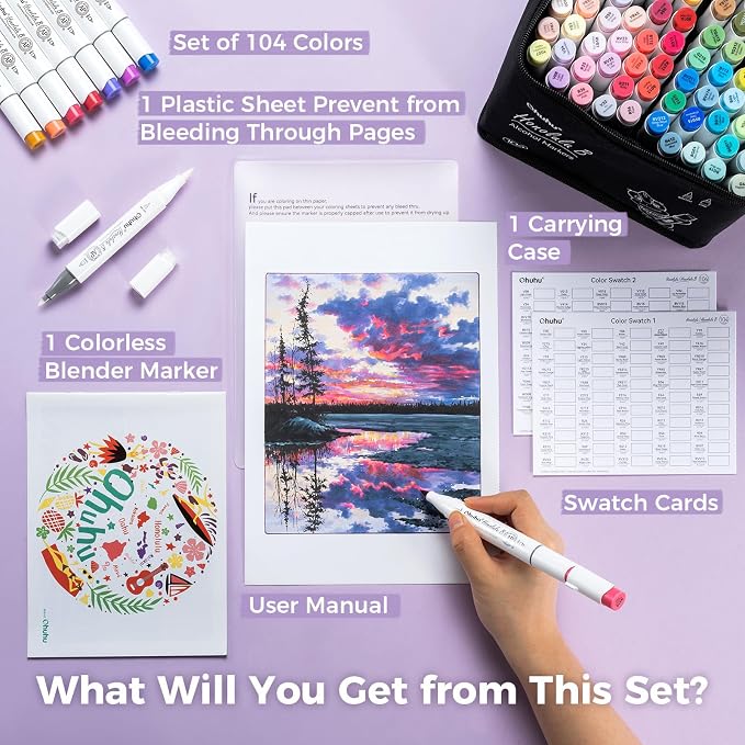 Ohuhu Alcohol Markers 104 Colors Brush& Fine for Artist Adult Cozy Coloring | AP Certified Refillable Art Marker Set, Dual Tips Alcohol-based for Beginners Drawing Illustration Sketching, Honolulu B