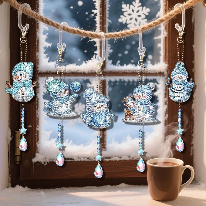 JeCuiK 6 Pcs Christmas Diamond Art Cute Snowman Diamond Art Kits for Adults Diamond Painting Wind Chimes Suncatcher Double Sided DIY Diamond Painting Kits Christmas Ornament