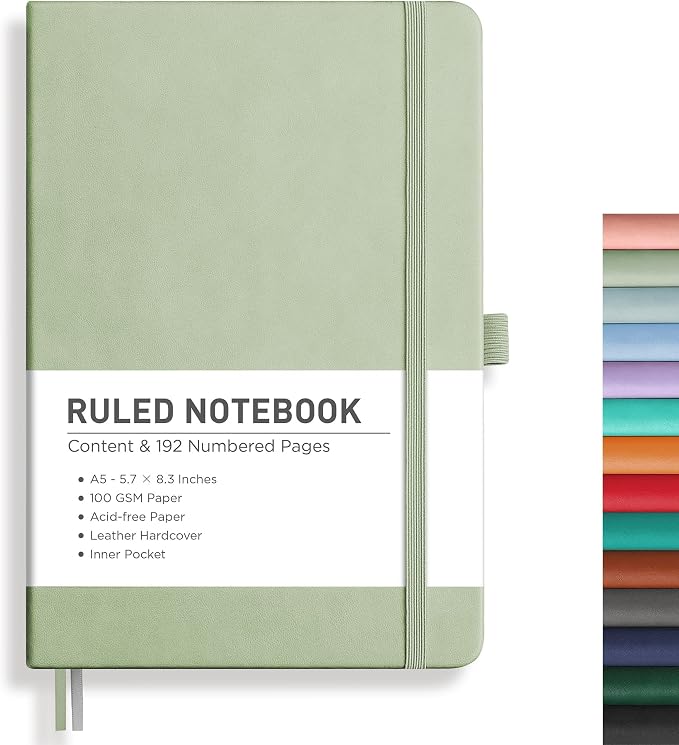 RETTACY Lined Journal Notebook, 192 Numbered Pages, A5 Size (5.7'' x 8.3'') | Leather Hardcover, 100 GSM Thick Paper, for Men & Women, Journaling, Writing, Work & Office (Light Green)