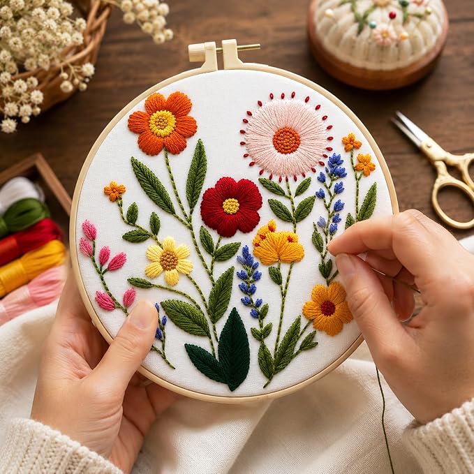 Zhenqing Wildflower Embroidery Kit for Beginners, Floral Needlework Kit with Pre-Printed Cotton Fabric, Hoop, Threads & Tools, Flower Wall Decor (C0125)