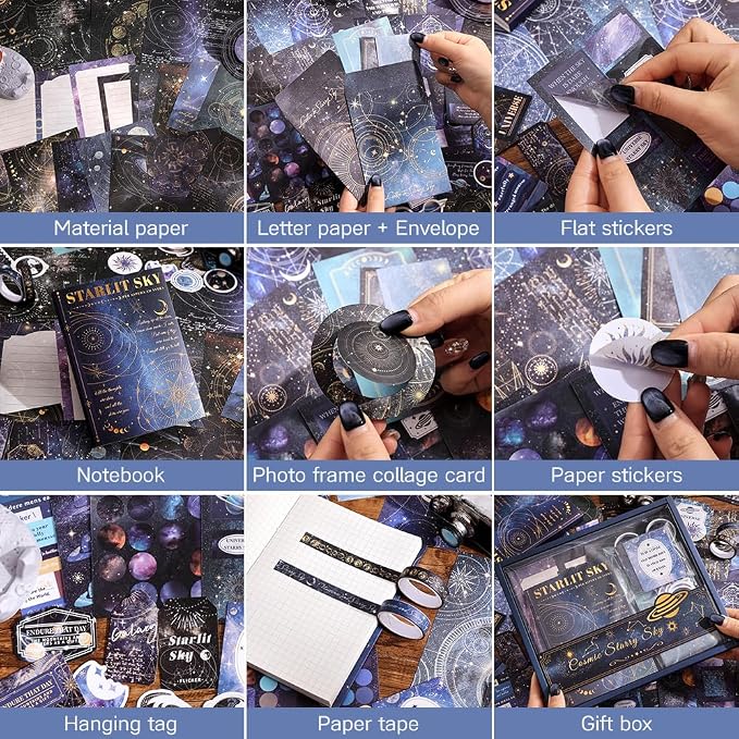 icceemee Scrapbooking Supplies Kit, Blue Starry Sky Scrapbooking Kit for Bullet Junk Journaling, Stationery, A6 Grid Notebook, Flower DIY Journaling Supplies, Birthday Craft Gift for Teen Girls