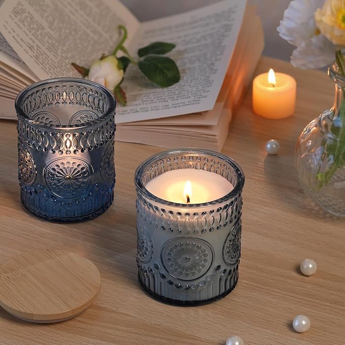 DARJEN 10 Pcs 8oz Glass Candle Jars with Lids, Candle Containers Tins-Blue | Premium Thick Glass, Secure Wooden Lids- Candle Jars for DIY Candle Making, Stunning Sunflower Design
