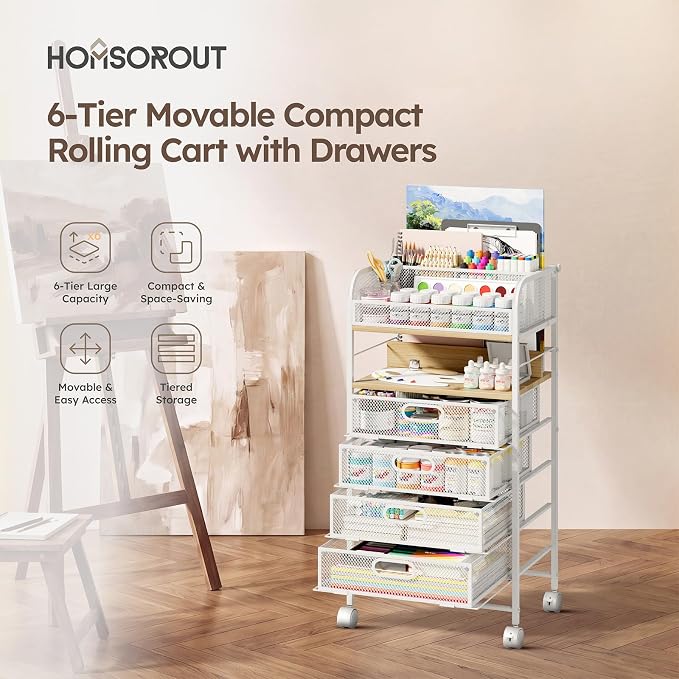 Homsorout Rolling Art Cart with 4 Drawers, Maple