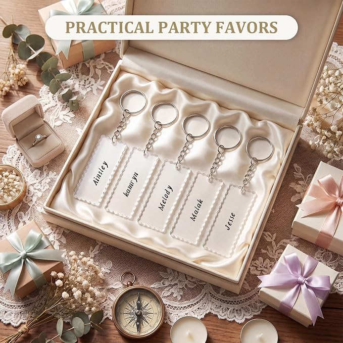 50 Sets Scalloped Clear Acrylic Keychain Blanks with Key Rings and Chains, Transparent Blank Keychain for DIY Vinyl Ornament, Name Tags, Drawing, Engraving, Decorate with Stickers