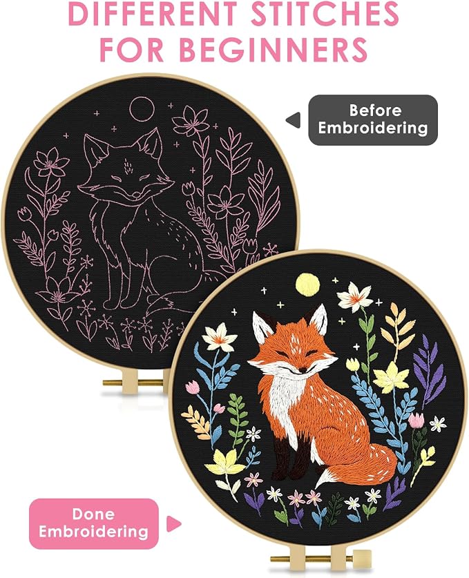TINDTOP Embroidery Kit for Beginners Adult, Fox Embroidery Kit | Include Embroidery Cloth Hoops Threads for Craft Lover Hand Stitch with Embroidery Skill Techniques