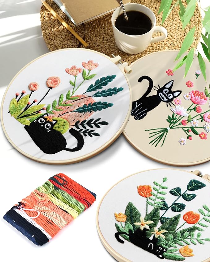 TINDTOP Embroidery Kit for Adults, Embroidery Kit for Beginners Include Embroidery Cloth Hoops Threads for Craft Lover Hand Stitch with Embroidery Skill Techniques (Black Cat) | with Stamped Patterns, Hoop, Tools, Colorful Threads with Needles, Instruc...