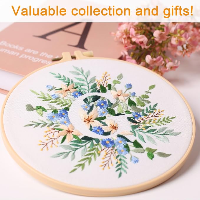 Harimau Letter G Pattern Embroidery Kit for Adult Beginners, Complete Starter Pack with 1 Hoop, Needles, Instruction Guide & Embroidery Stitch Video Tutorials