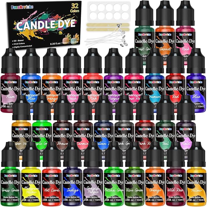 FansArriche Candle Dye - 32 Colors Liquid Oil-Based Dye for Candle Wax | Highly Concentrated, Natural Candle Color for DIY Candle Making