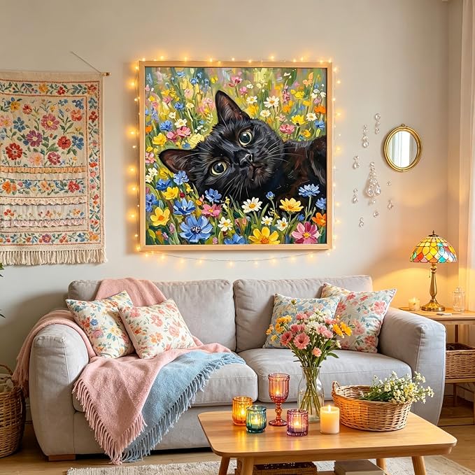 Diamond Painting Kit for Adults, Cat Flower Diamond Art Kits 13.7x13.7In | 5D Full Round Drill Gem Painting Paint by Diamonds Relaxing DIY Craft for Home Wall Decor