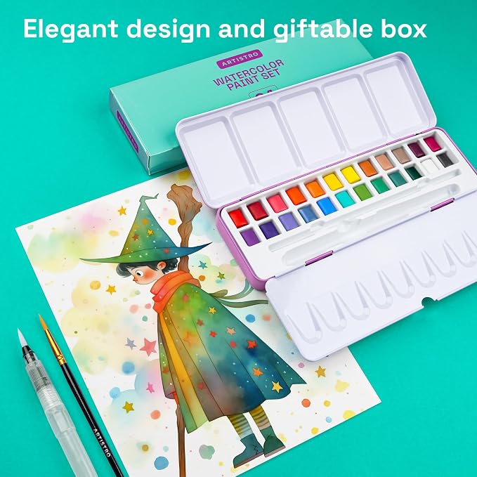 ARTISTRO Vivid Watercolor Paint Set with Palette & Brush Pens - 24 Colors | Portable Paint Art Kit, Travel Water Color Set, For Adults, Professionals, & Kids, Art & Painting Supplies, Gift Idea