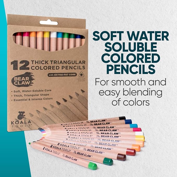 Koala Tools - Bear Claw Colored Pencils for Adults and Kids, Water Soluble Color Pencils with Triangular Grip for Art and Shading, Large Coloring Pencils, Pack of 12