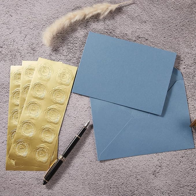 50 Pack Dusty Blue A6 Envelopes with Cards and Gold Stickers, 4x6