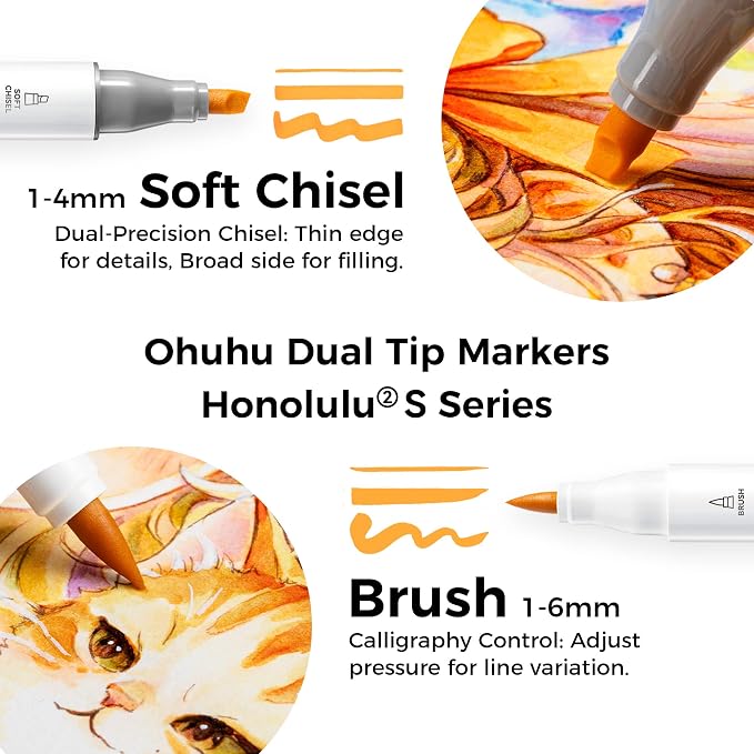 Ohuhu Alcohol Markers 48 Colors Brush& Soft Chisel AP Certified Refillable | Dual Tips Drawing Markers for Artists Beginners Adults Cozy Coloring Illustration Sketching, Honolulu 2S