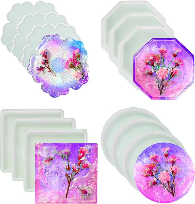 Resin Coaster Molds,Silicone Molds for Resin,12PCS with Round,Square,Octagon, Flower Coaster Molds for Epoxy Resi n,4 Shapes Silicone Molds for DIY Art,DIY Gift for Women