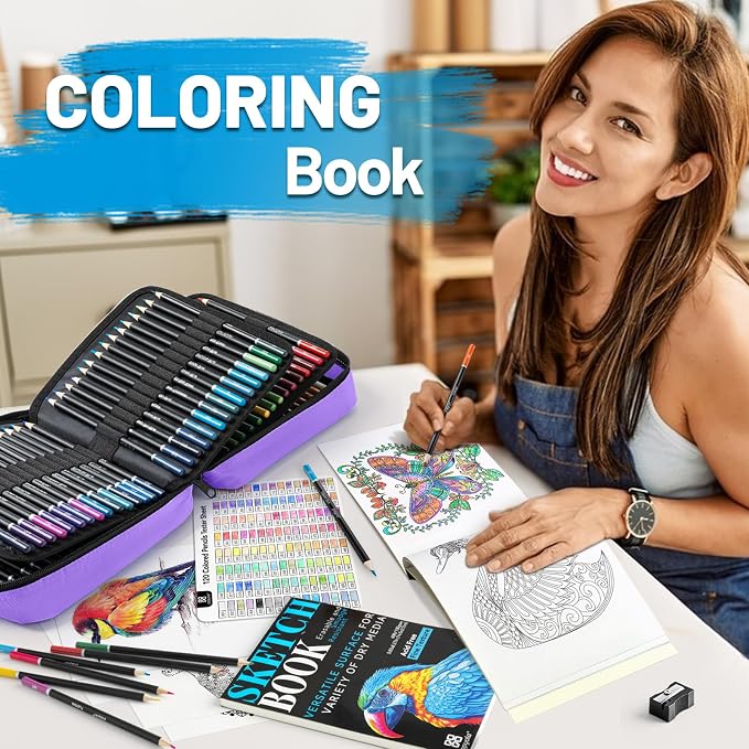 136 PCS Colored Pencils Set for Adult Coloring Books, 120 Colored Pencils | with Sketchbook, Coloring Book, Sharpener, Tutorial, Color Chart, Soft Core Oil-Based, Ideal for Drawing Blending Shading
