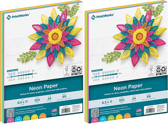 Printworks Neon Colored Paper, 24 lb, 5 Assorted Florescent Colors, FSC Certified, 100 Sheets, 8.5 x 11 Inch (00579), Single (Pack of 2)