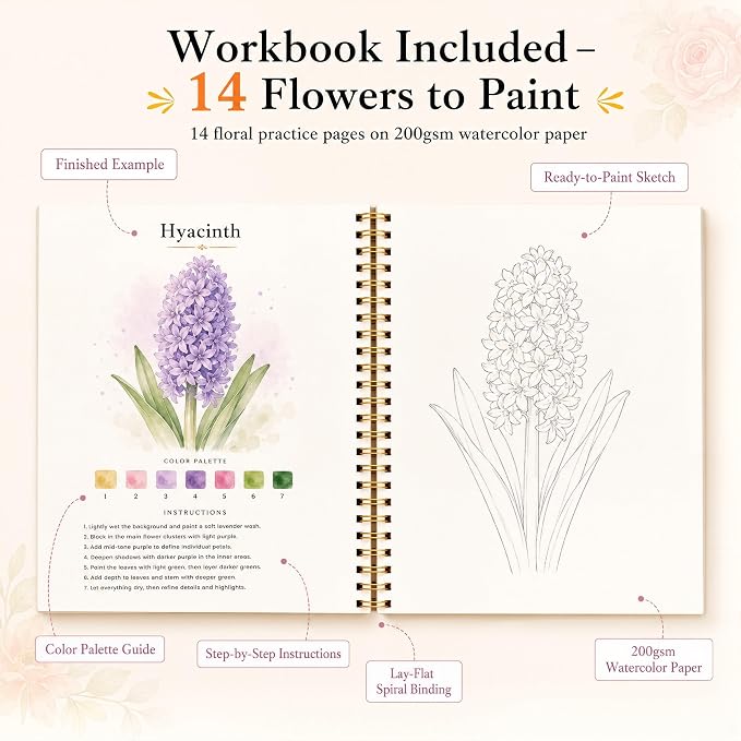 50 Colors Watercolor Paint Set with Watercolor Workbook for Adults | Travel Watercolor Set with 14 Pre-Drawn Projects, 1 Water Brush, 6 Detail Brushes & Painting Supplies for Teens & Beginners