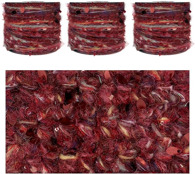 Artisanal Yarn Collection Multifiber Fancy Yarn with Sequins & Iridescent Shimmering Threads for Knitting Crocheting Crafts DIY, Set of 3 Rolls (Burgundy)