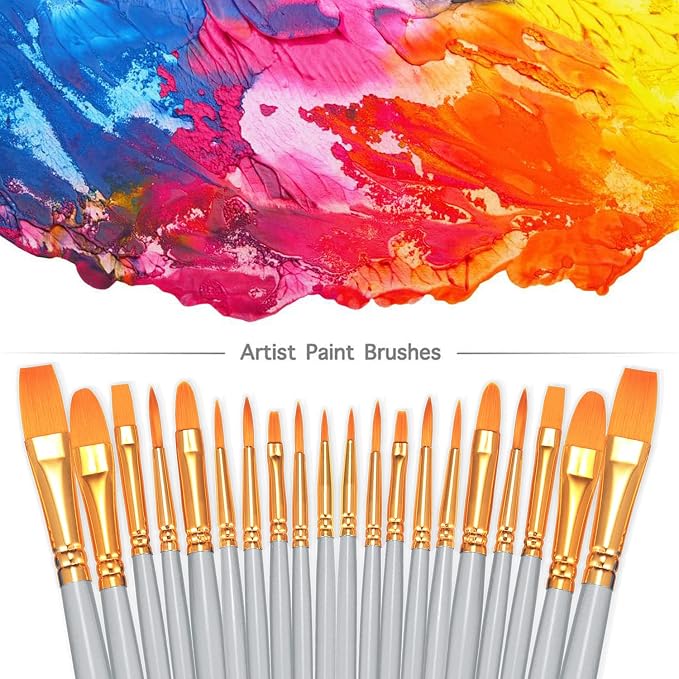 BOSOBO Paint Brushes Set, 20 Pcs Small Paint Brush Kit Round Flat Tip Nylon Hair, for Acrylic Painting, Watercolor, Oil Painting, Kids Face Nail Art Canvas Rock Craft, Art Supplies, Silver Gray