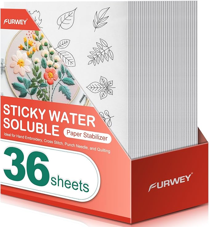 FURWEY Wash Away Embroidery Stabilizer,36PCS 8.5x11,Self Adhesive,Printable | Water Soluble Embroidery Paper, Self Adhesive & Printable, for Hand & Machine Use, 8.5 x 11 Inches, 36 Sheets