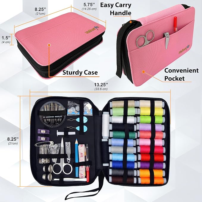 Vellostar Sewing Kit for Adults, Teens & Kids - 100-Piece Pink Beginner Set | Compact needle & thread kit for clothing repairs, ready for home, travel, emergencies, a practical gift for anyone who sews