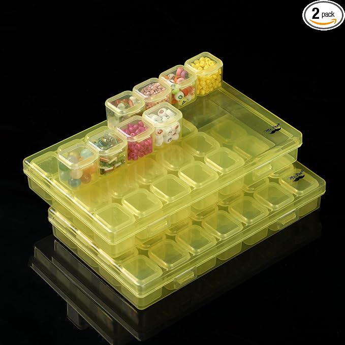 Mr. Pen- Bead Storage Containers, 28 Grids, 2 Pack, Transparent Yellow | 160 pcs Label Stickers, Transparent, Small Bead Organizer Box, Diamond Art, Diamond Painting Organizer