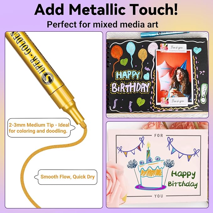 SAKEYR Super Golden Metallic Paint Markers, 18 Colors Sparkle Metallic Glitter Markers, Acrylic Paint Pens for Rock Painting, Glass, Wood, Fabric, Black Paper, Cards, Scrapbook, DIY Art Crafts (2-3mm)
