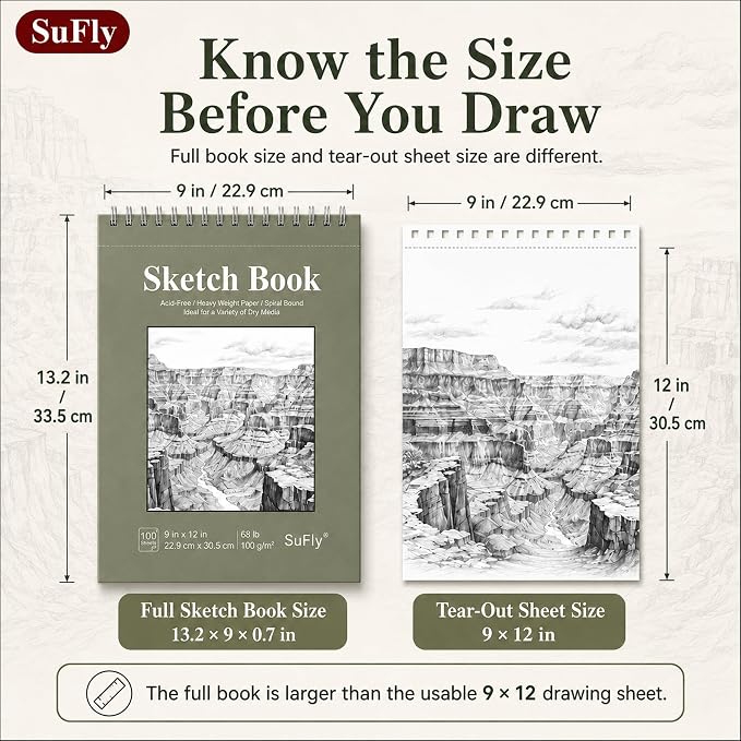 SuFly Sketch Book 9x12, 100-Sheet Drawing Paper Pad, 68lb/100gsm, Acid-Free | Top Spiral Sketchbook, Sketch Pads for Drawing, Art Supplies for Kids & Adults, Art Class Gift for Beginners, Artists & Teens