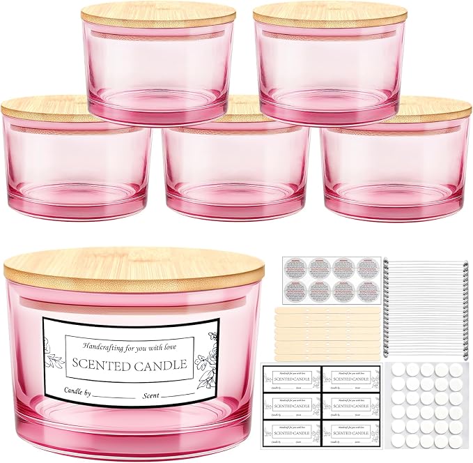 CONNOO 6 Pack 24oz Pink Glass Candle Jars with Airtight Bamboo Lids