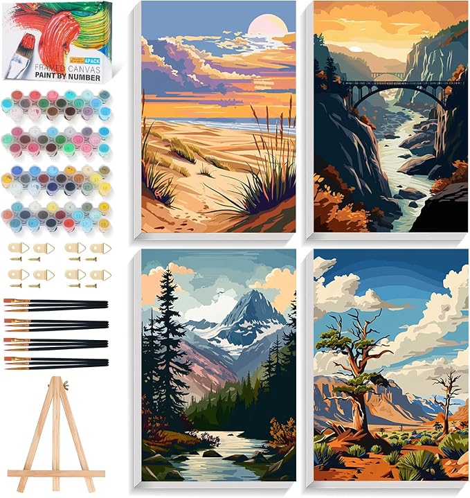 4 Pack National Park Paint by Numbers Kit for Adults Framed, Landscape Paint by Number Kits with Frame, DIY Acrylic Watercolor Adult Paint by Number Kits on Canvas for Home Decor Gift 8x12 Inch