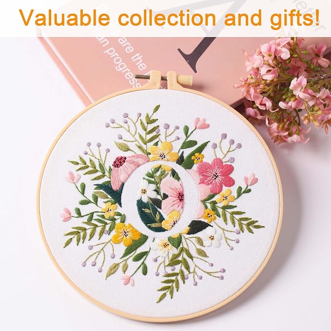 Harimau Letter Pattern O Embroidery Kit for Adult Beginners, Complete Starter Pack with 1 Hoop, Needles, Instruction Guide & Embroidery Stitch Video Tutorials