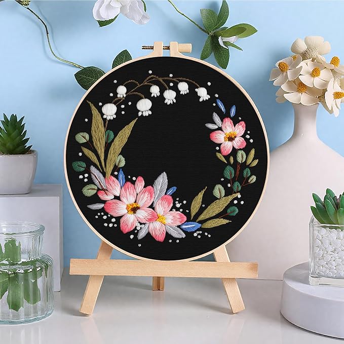 ERKOON 3 Sets Embroidery Kit, Floral Cross Stitch Set for Include Embroidery Cloth Hoops Threads for Craft Lover Hand Stitch (Garlands)