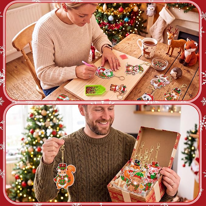 Tondiamo 20 Pcs Christmas Cute Animal Diamond Painting Keychains Kit, Xmas Cartoon Animal Ornaments DIY Diamond Art Key Pendant Set for Xmas Tree Decor Party Favors Gift