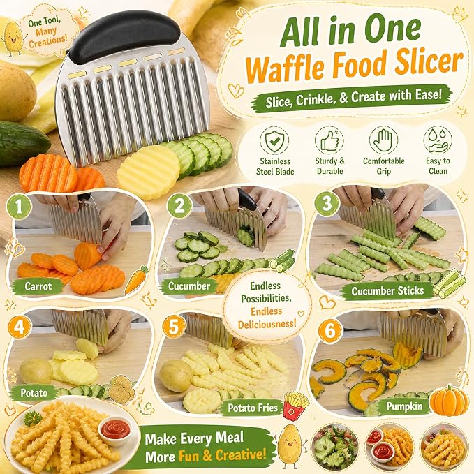 JAYVAR Large Crinkle Cutter French Fry Cutter, Stainless Steel Wavy Slicer