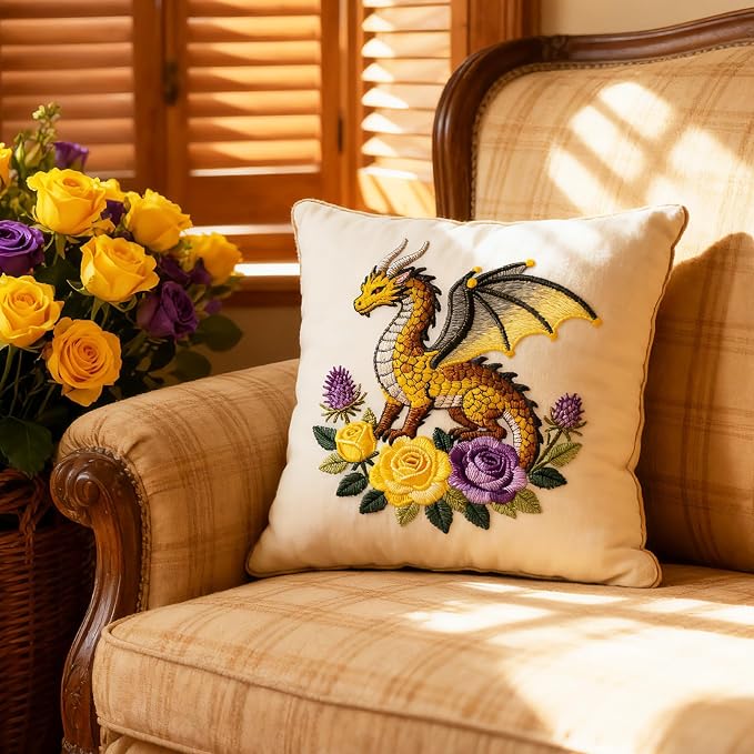 BEUNITONE 6 Set Embroidery Kits for Beginners with Dragon Pre-Print Pattern