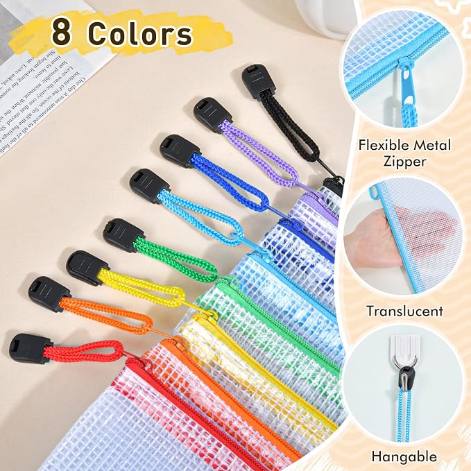PAPEJOON 26pcs Mesh Zipper Pouch Bags, 8 Sizes Plastic Zippered Storage Bags for Organizing, Clear Pouches with Zipper, Waterproof Mesh Pouch for Office School Supplies, Home Organize, Travel Storage