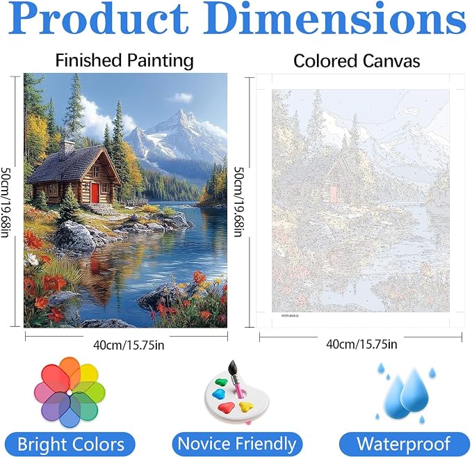 Paint by Numbers Kit for Adults, Landscape Mountain Paint by Numbers Kits | Lakeside Cabin Adult Paint by Number Kits on Canvas,DIY Acrylic Oil Easy Mountain Painting by Numbers for Home Decor 16X20 in