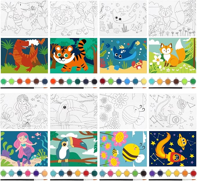 goldentime 8 Packs Predrawn Canvas for Painting Kids Painting Canvas for Kids Painting Kits for Kids 4-8, 48 Paints, 8 Brushes 2 Easels, 8 6x8 Printed Canvas to Paint for Girls Boys and Beginners