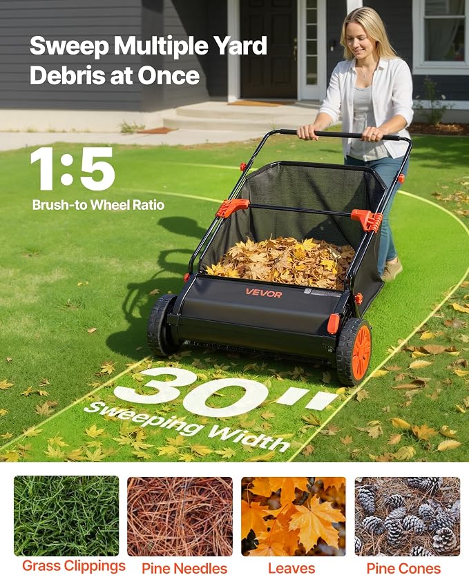 VEVOR Push Lawn Sweeper 30 in Leaf & Grass Collector 12 cu. ft. Hopper Bag