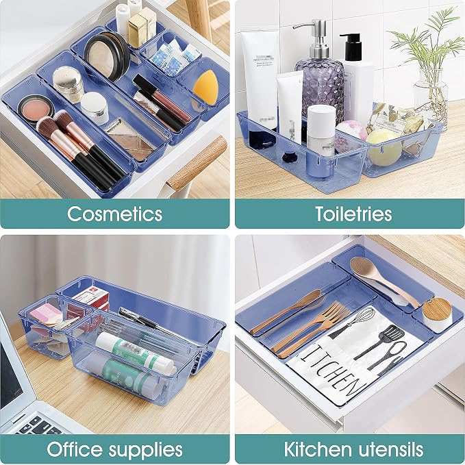 25 PCS Plastic Drawer Organizer Set, Makeup Organizers and Storage Bins | 4 Sizes Desk Drawer Divider Organizers and Storage Bins for Jewelry, Gadgets for Kitchen, Bedroom, Bathroom, Clear Dark Blue