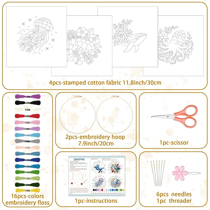 BEUNITONE 4 Pack Beginner Embroidery Kit for Adults, Marine Animals Flowers Pre-Stamped Pattern Needlepoint Kits with Hoops & Instruction, Handmade Embroidery Kits for Fabric and Home Decor 7.9x7.9