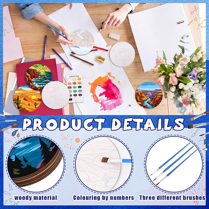 Reallnaive 8 Pcs Mountain Paint by Numbers Kit for Adults Wooden Coasters | Mini Landscape Paint by Numbers, Tiny Sunrise River Round Oil Painting Drink Coaster with Holder, for Small DIY Craft Gift