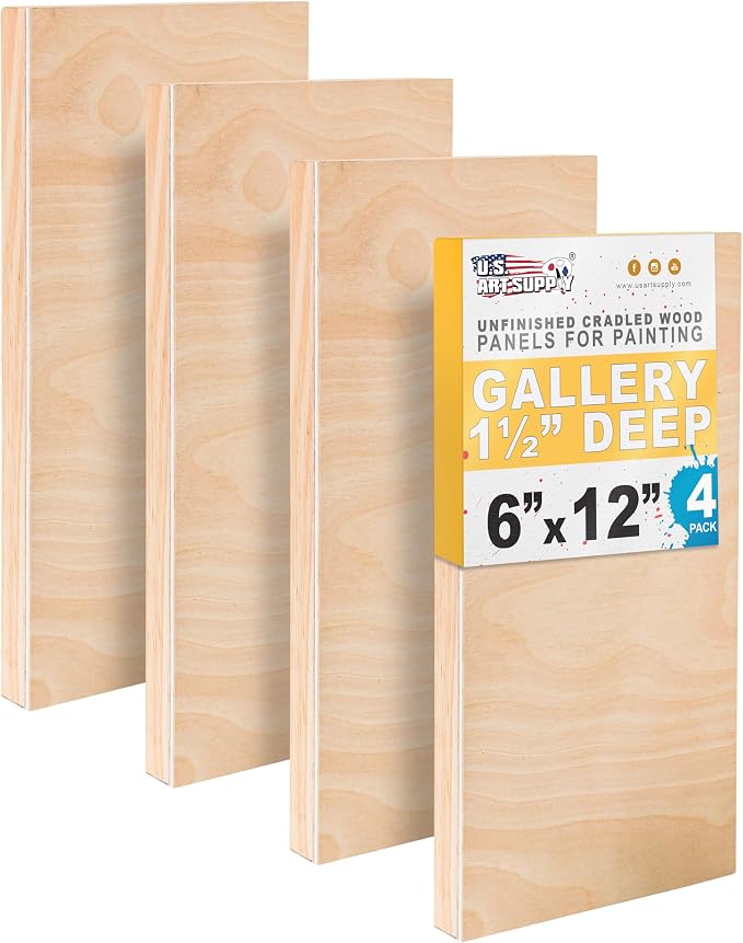 U.S. Art Supply 6" x 12" Unfinished Cradled Wood Panels for Painting