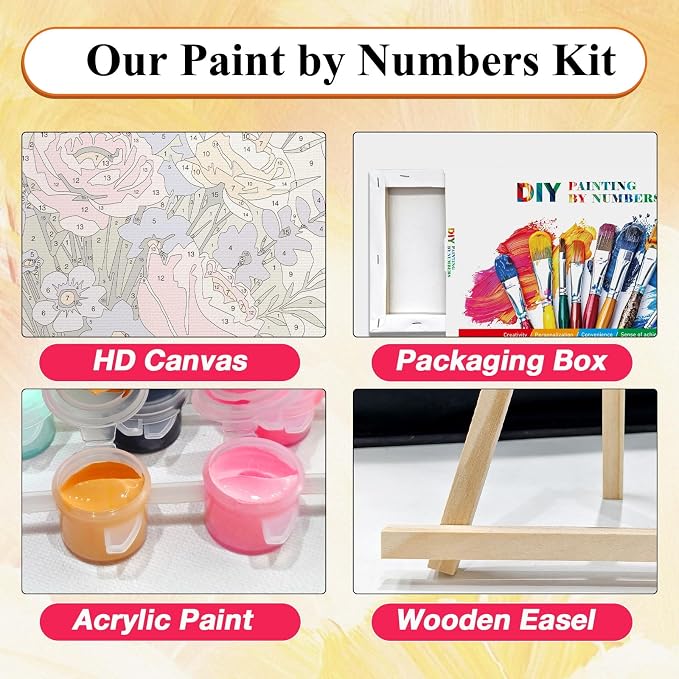 SparkGlow Framed Paint by Numbers Kit for Adults Flowers, 8×12 Inch | Premium Canvas, for Beginners, Number Painting for Gift, Home Decor, Include Easel, Fun and Relaxing