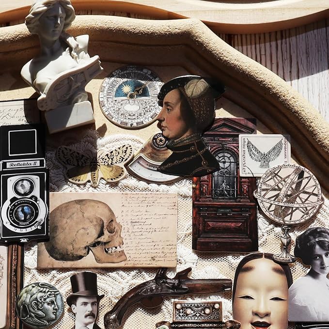 CATaireen Vintage Junk Journal Items Kit Pre Cut Paper Cards Cutout Cardstock Art Aesthetic Decor Hollow Out Craft Elements Small Embellishments Supplies for Adults Scrapbook Pack (Characters)