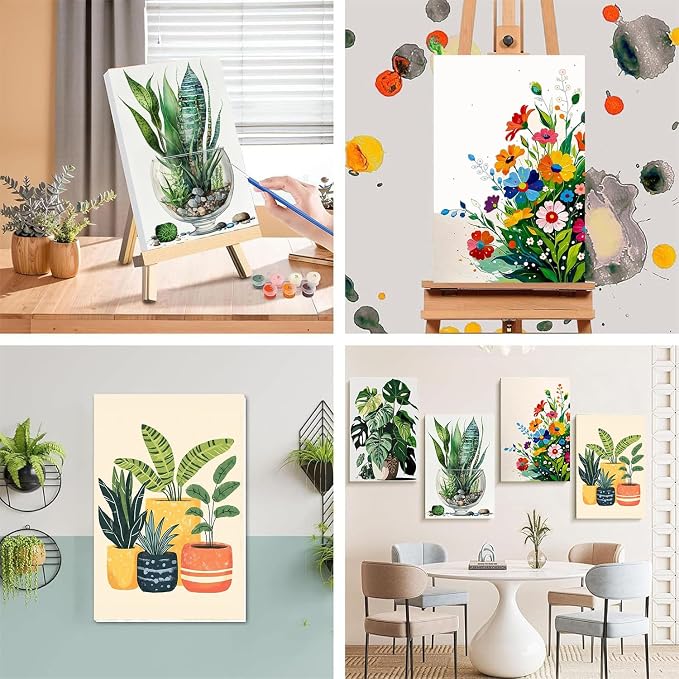 4 Pack Plant Paint by Numbers for Adults with Framed Canvas - Wooden Easel | Plant Paint by Number for Beginners, Easy Flowers Acrylic Oil Painting on Canvas with Brushes for Home Wall Decor (8x12 inch)