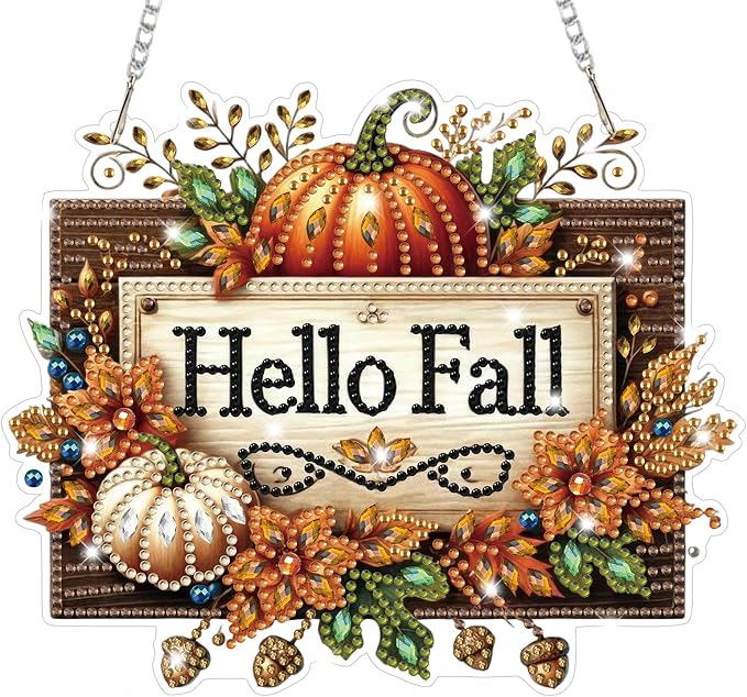 Bowetile Hello Fall Wreath Diamond Art Hanging Kits for Adults, Thanksgiving Diamond Art Suncatchers Autumn, 5D Halloween Diamond Painting Pendant Window Ornament Gifts for Home Door Decor