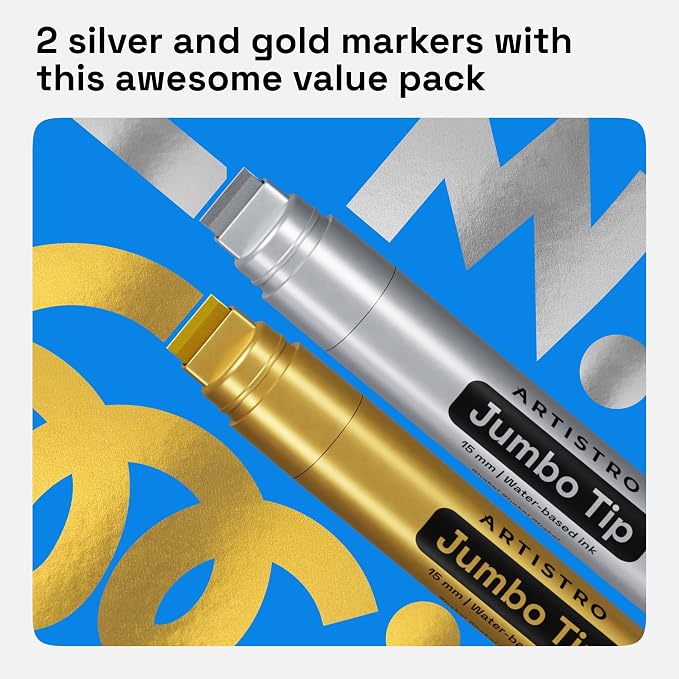 ARTISTRO Gold & Silver Acrylic Paint Markers - 15mm Jumbo-Tip - Set of 2